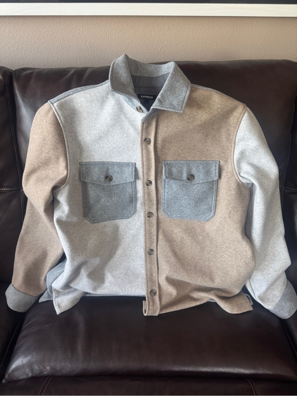 Express Two-Tone Wool Blend Shirt Jacket - Gray & Taupe